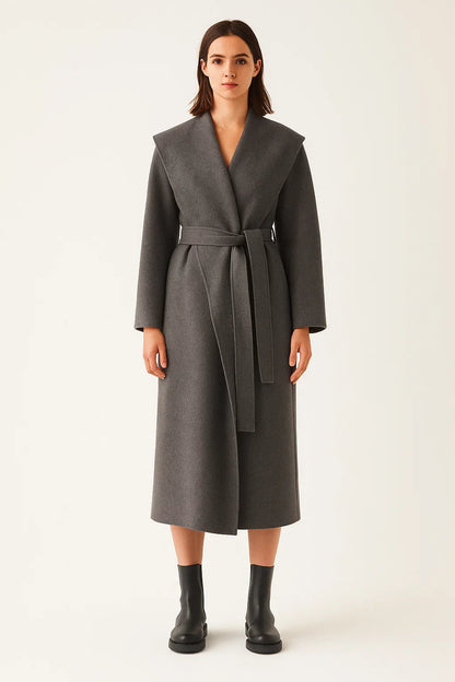 Wool Blend Long Coat | Shawl Collar | Belted Wrap