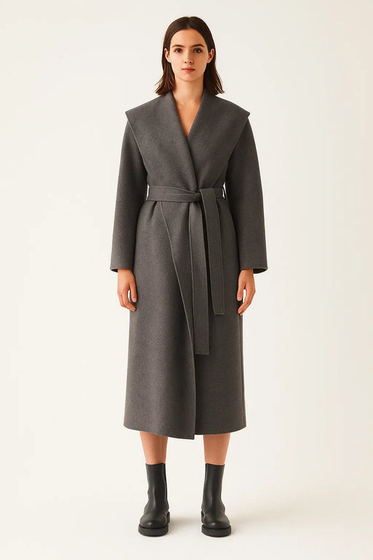 Wool Blend Long Coat | Shawl Collar | Belted Wrap