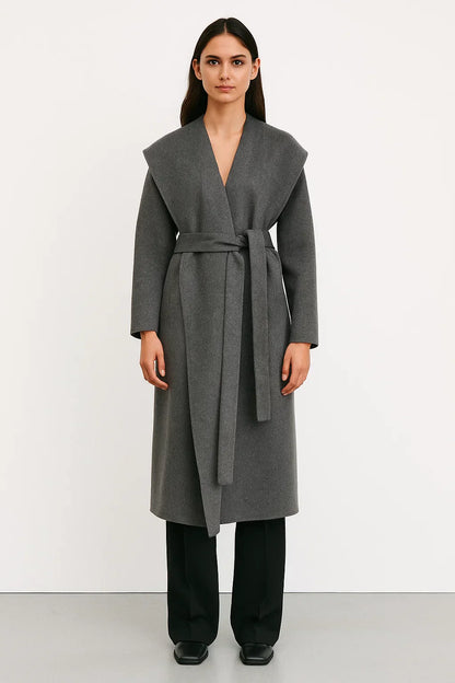 Wool Blend Long Coat | Shawl Collar | Belted Wrap