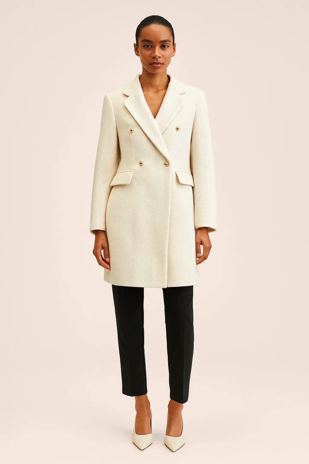 Long Wool Blend Coat | Chevron Weave | Double Breasted Gold Buttons