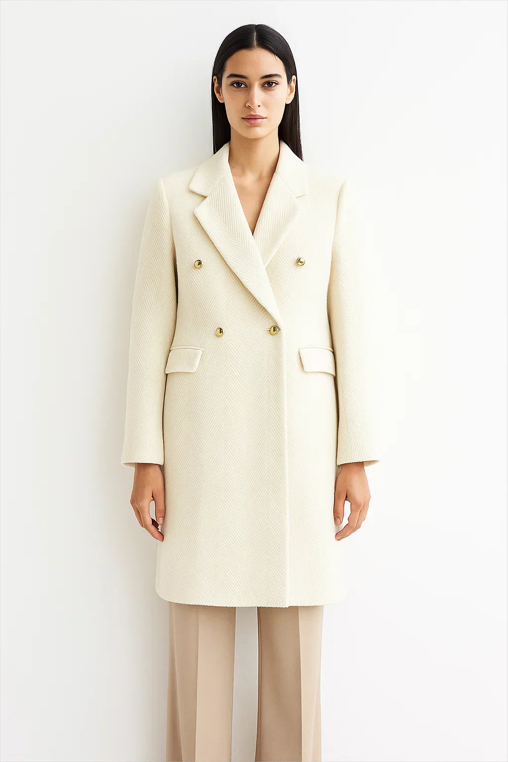 Long Wool Blend Coat | Chevron Weave | Double Breasted Gold Buttons