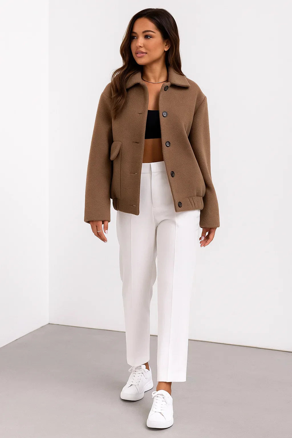 Wool Blend Cropped Jacket | Elastic Hem | Single Breasted