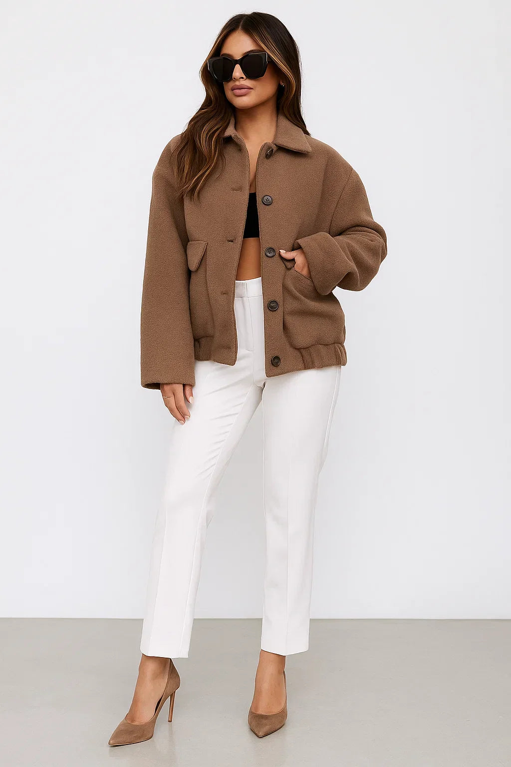 Wool Blend Cropped Jacket | Elastic Hem | Single Breasted