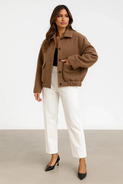 Wool Blend Cropped Jacket | Elastic Hem | Single Breasted