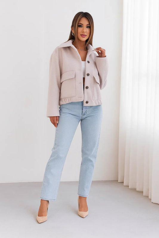 Wool Blend Cropped Jacket | Elastic Hem | Single Breasted