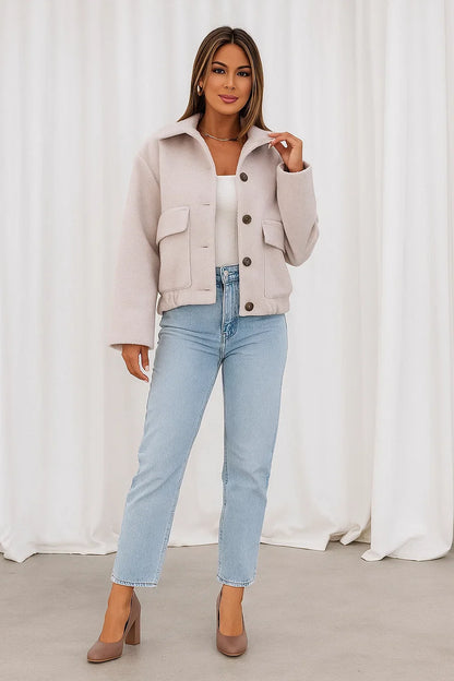 Wool Blend Cropped Jacket | Elastic Hem | Single Breasted
