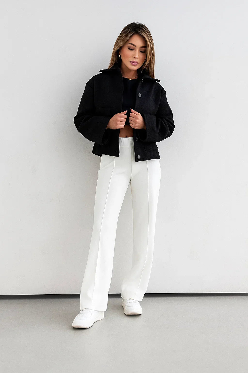 Wool Blend Cropped Jacket | Elastic Hem | Single Breasted