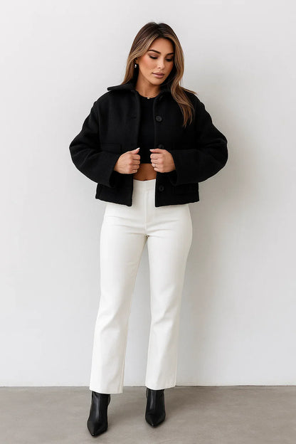 Wool Blend Cropped Jacket | Elastic Hem | Single Breasted