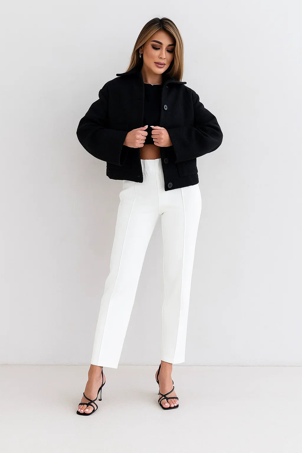 Wool Blend Cropped Jacket | Elastic Hem | Single Breasted