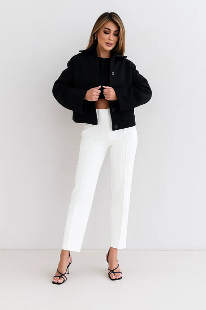Wool Blend Cropped Jacket | Elastic Hem | Single Breasted
