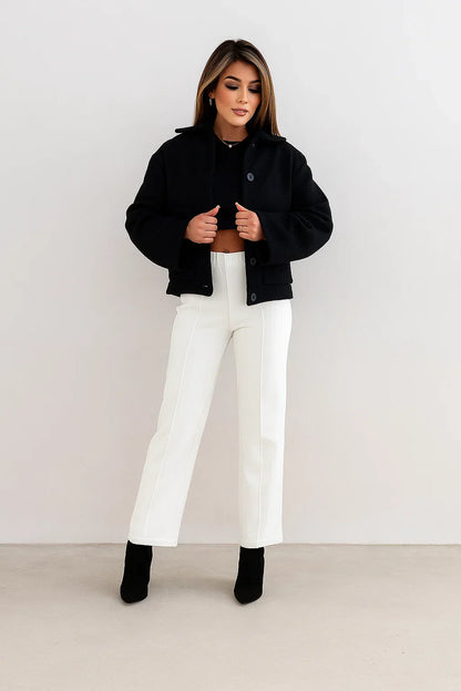 Wool Blend Cropped Jacket | Elastic Hem | Single Breasted
