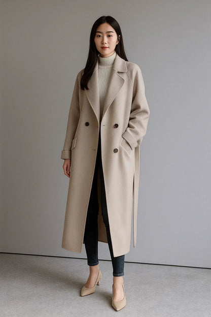 Wool Blend Long Coat | Oversized Fit | Belted Winter Design