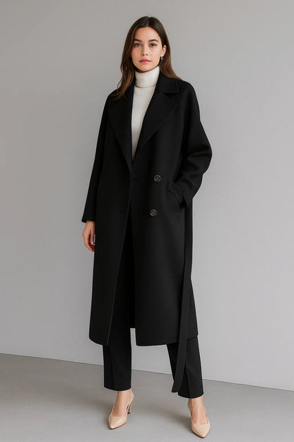 Wool Blend Long Coat | Oversized Fit | Belted Winter Design