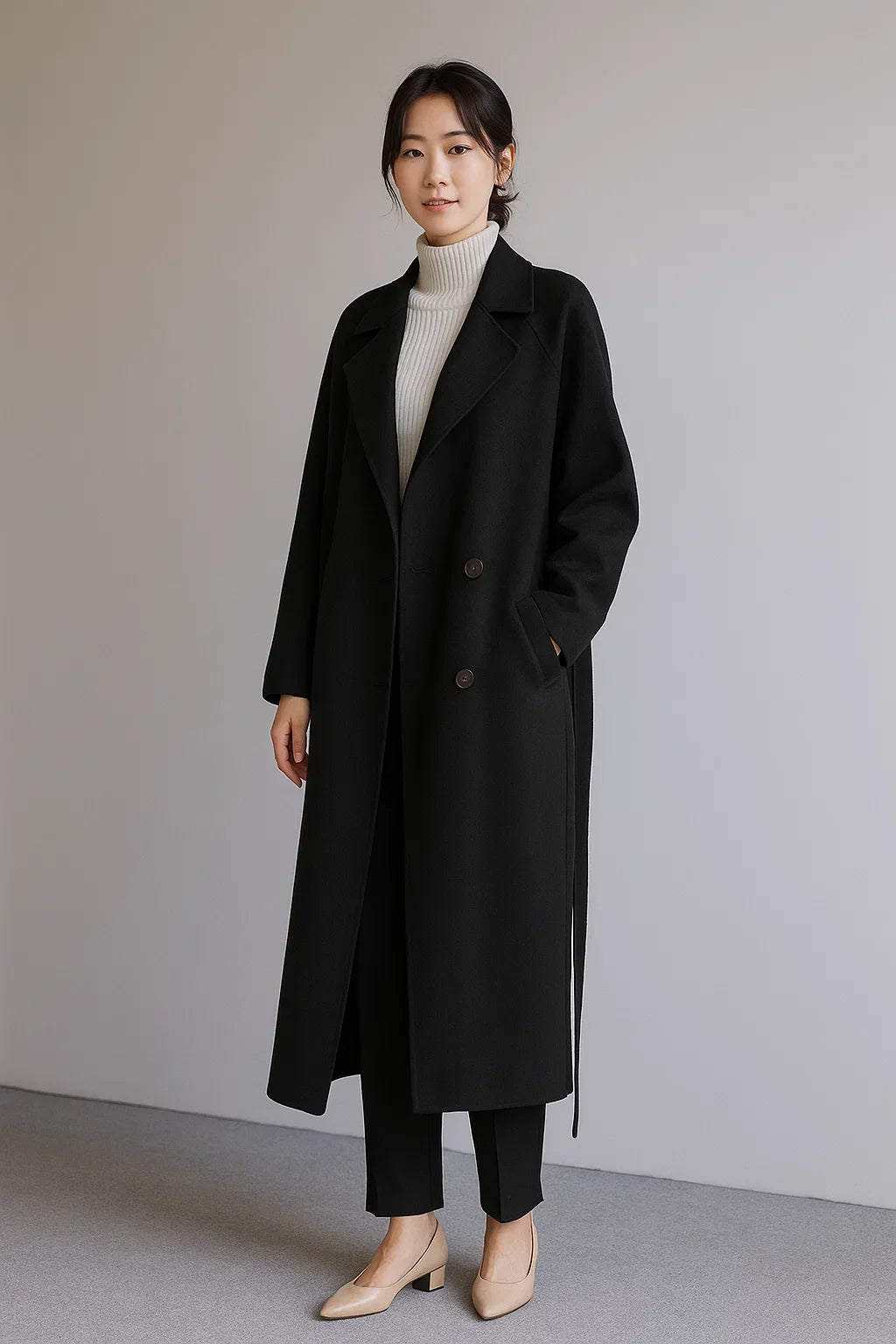 Wool Blend Long Coat | Oversized Fit | Belted Winter Design