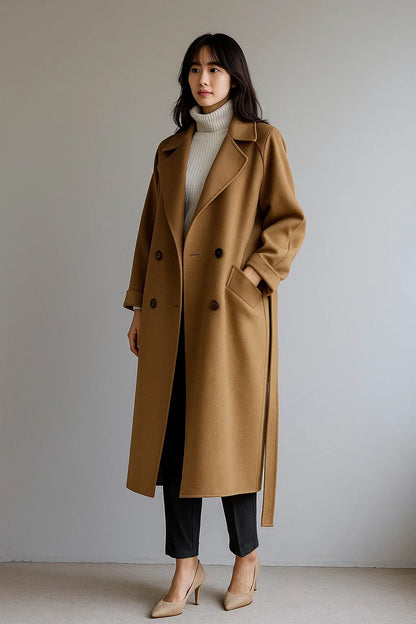 Wool Blend Long Coat | Oversized Fit | Belted Winter Design