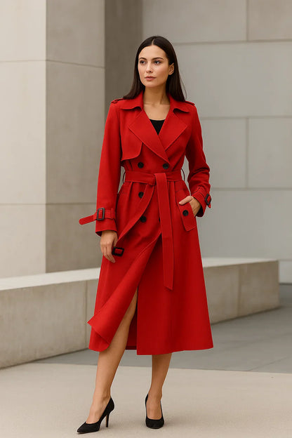 Maison Long Trench Coat | Belted A-Line Silhouette | Classic Mid-Season Design
