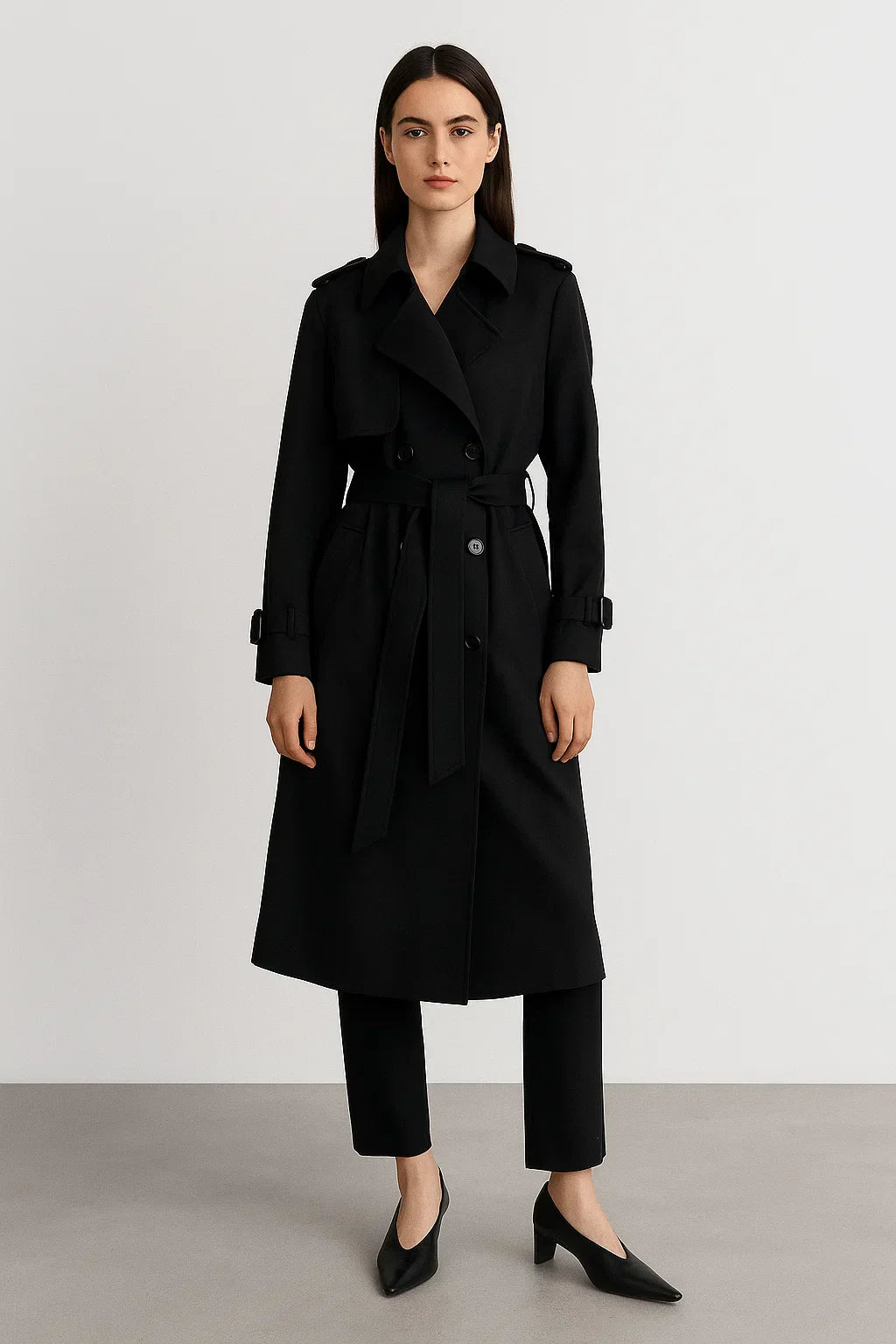 Maison Long Trench Coat | Belted A-Line Silhouette | Classic Mid-Season Design