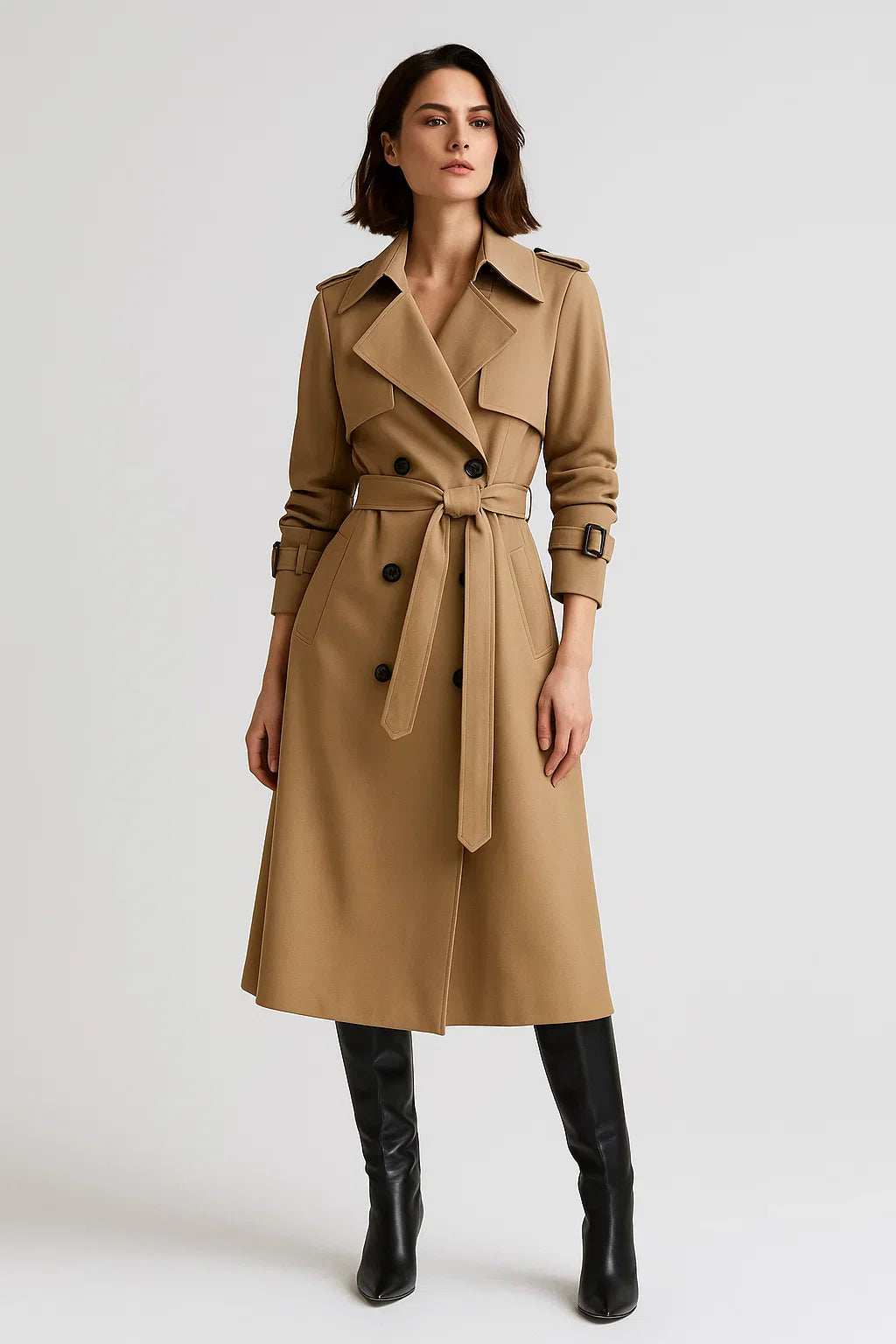 Maison Long Trench Coat | Belted A-Line Silhouette | Classic Mid-Season Design