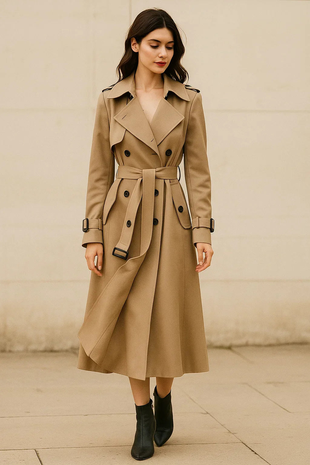 Maison Long Trench Coat | Belted A-Line Silhouette | Classic Mid-Season Design