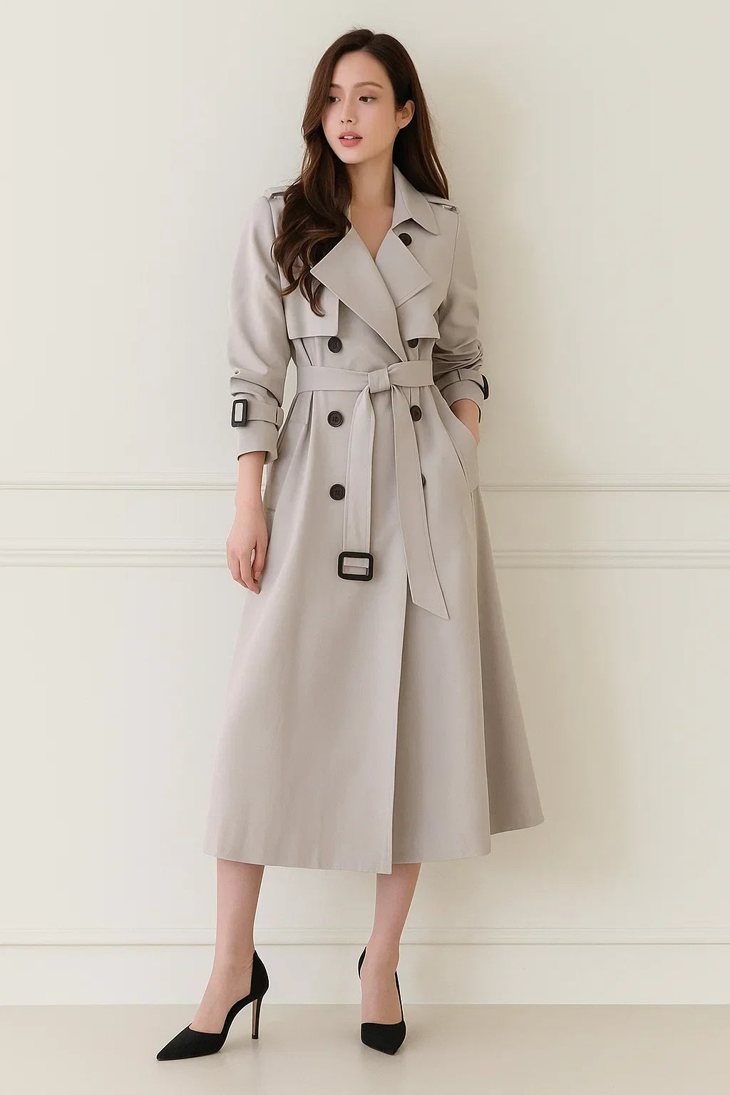 Maison Long Trench Coat | Belted A-Line Silhouette | Classic Mid-Season Design