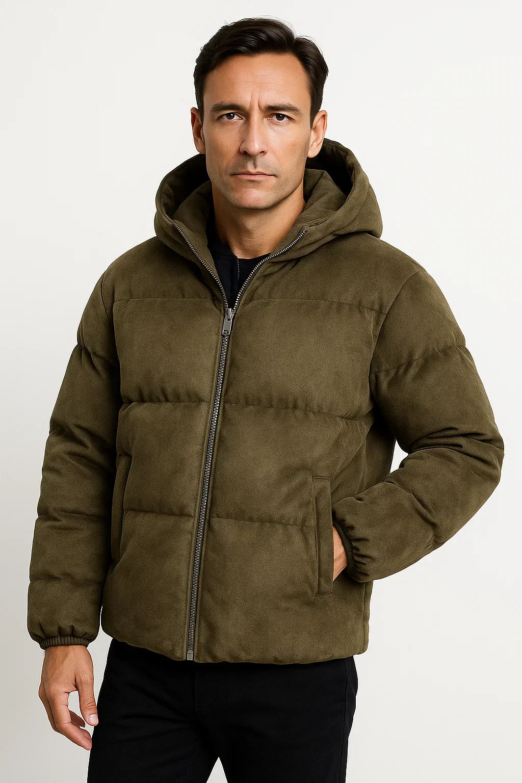 Maison Hooded Puffer Jacket | Suede Effect | Insulated Winter Outerwear