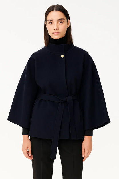 Structured Cape Coat | Belted Waist | High Collar