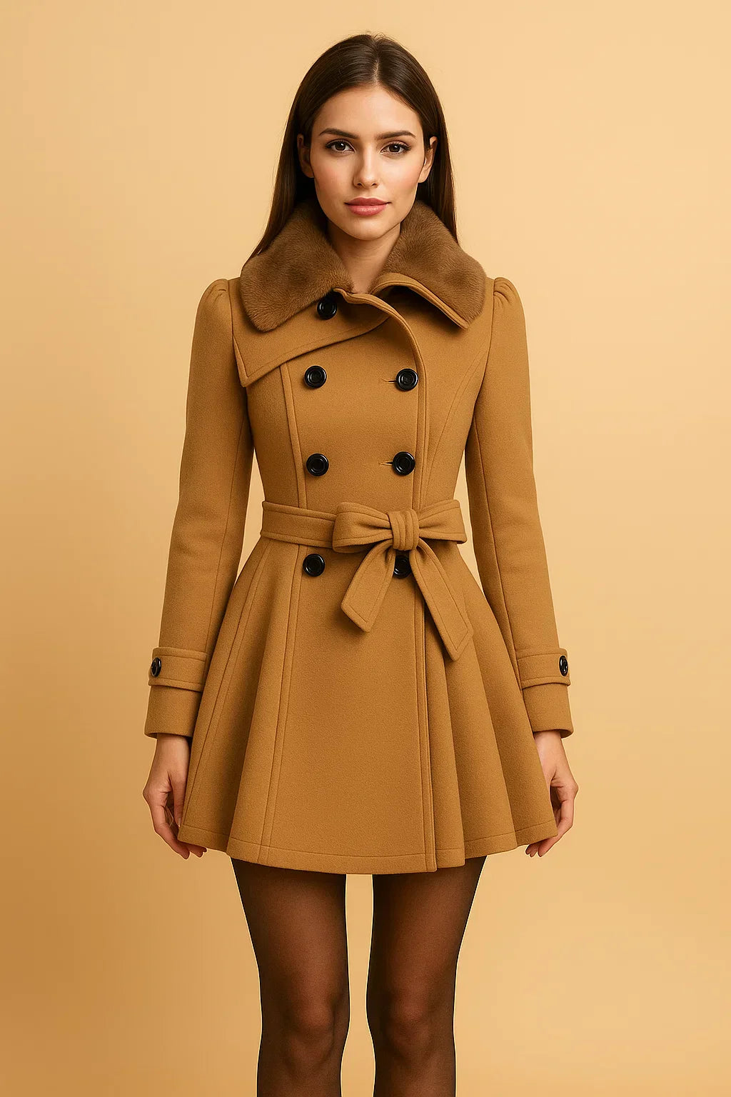 Nocturne Belted A-Line Coat | Faux Fur Collar