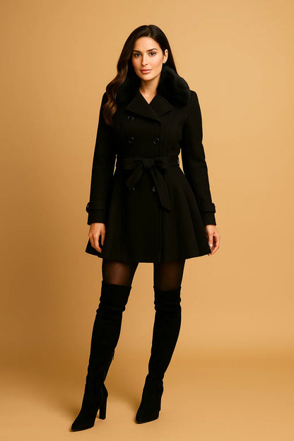 Nocturne Belted A-Line Coat | Faux Fur Collar