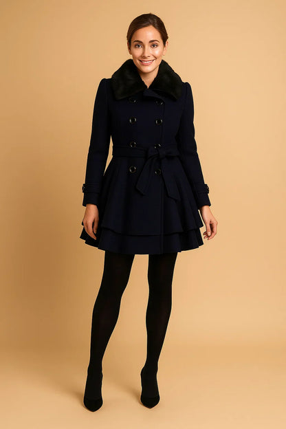 Nocturne Belted A-Line Coat | Faux Fur Collar