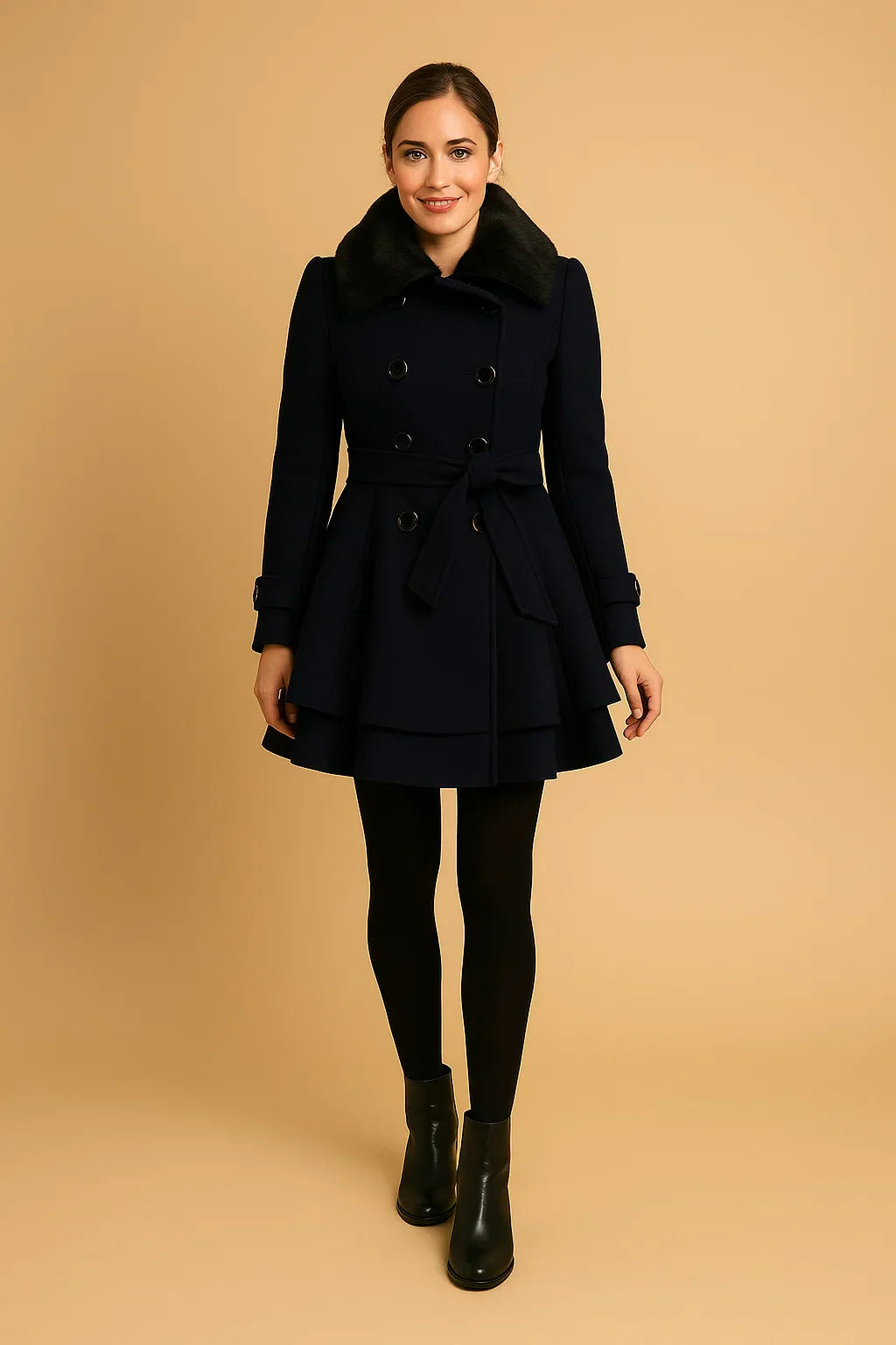 Nocturne Belted A-Line Coat | Faux Fur Collar