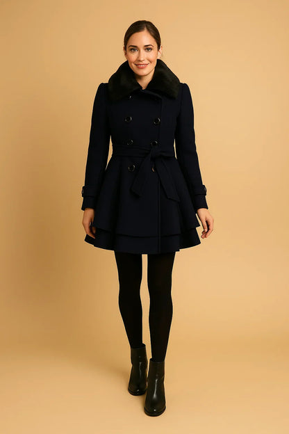 Nocturne Belted A-Line Coat | Faux Fur Collar