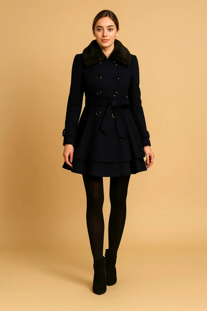 Nocturne Belted A-Line Coat | Faux Fur Collar