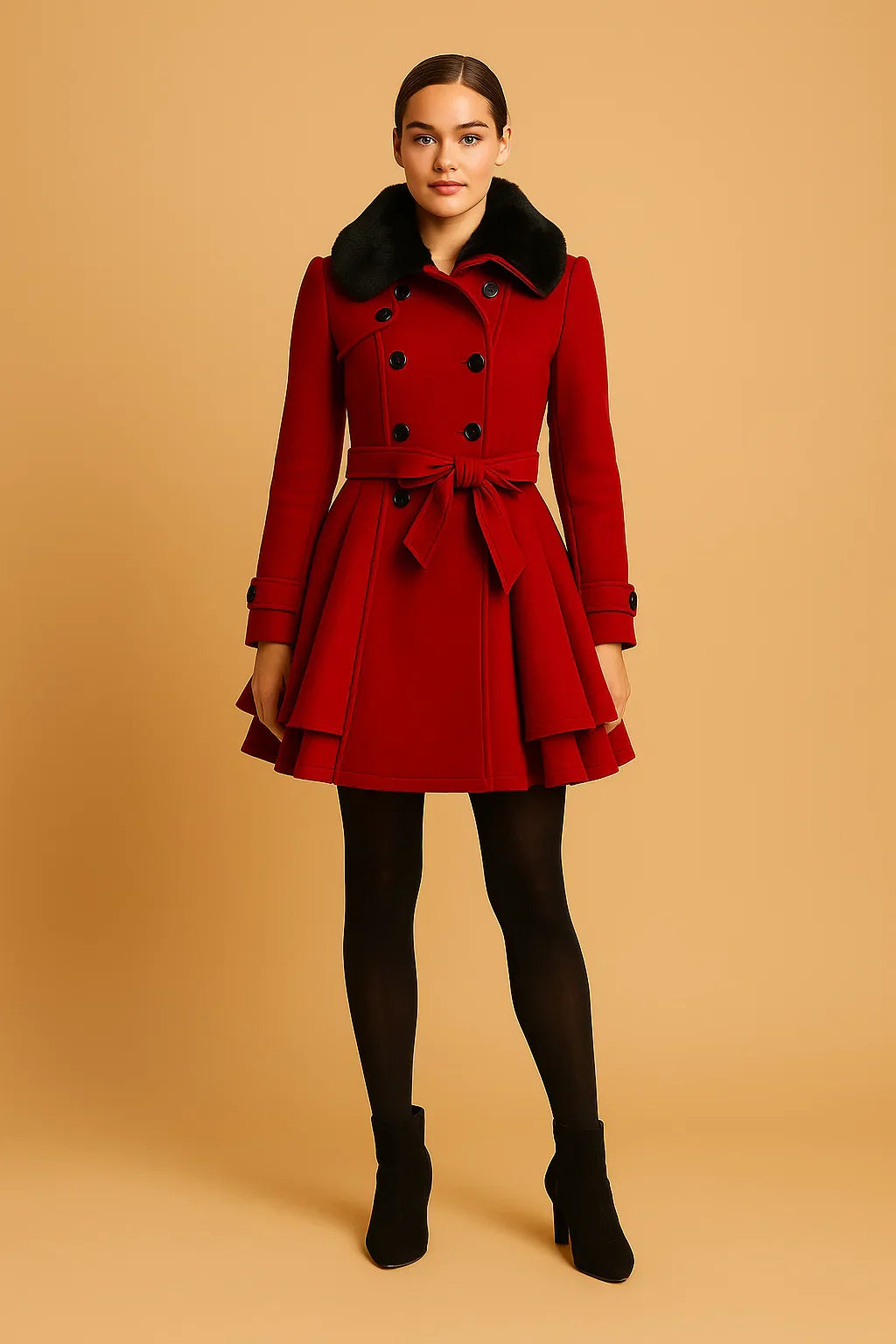 Nocturne Belted A-Line Coat | Faux Fur Collar