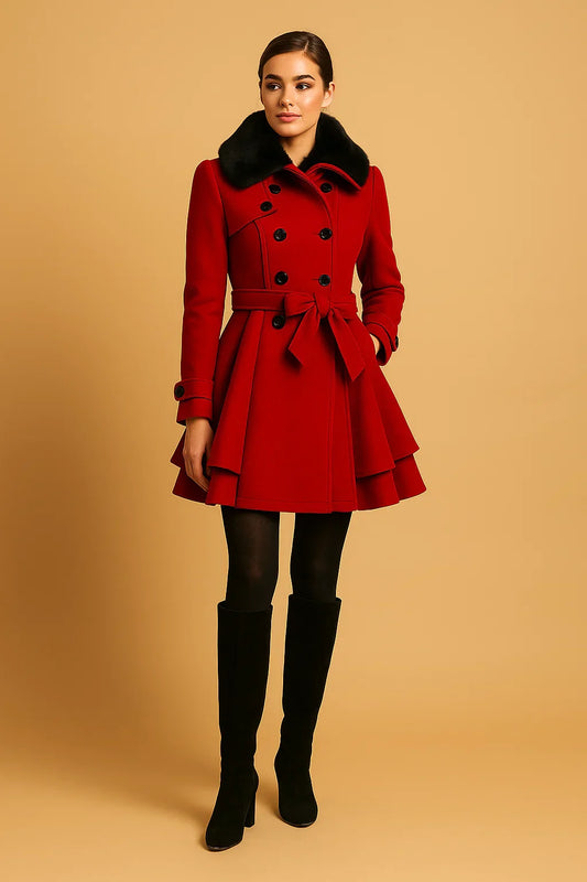 Nocturne Belted A-Line Coat | Faux Fur Collar