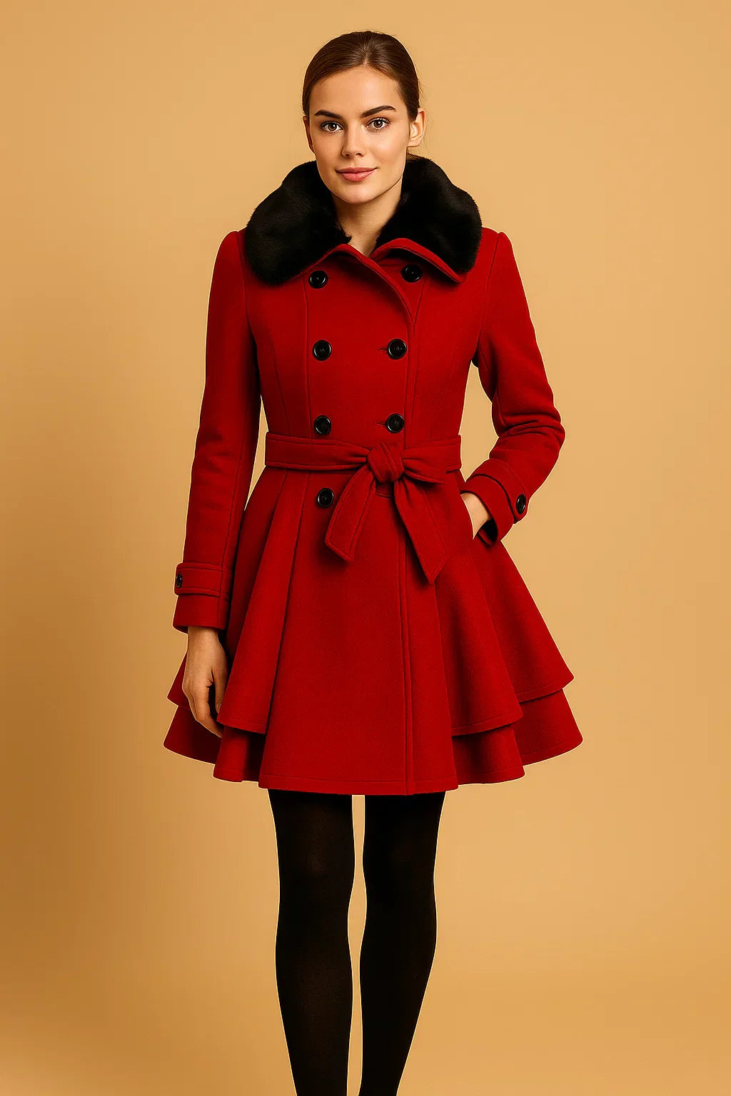 Nocturne Belted A-Line Coat | Faux Fur Collar