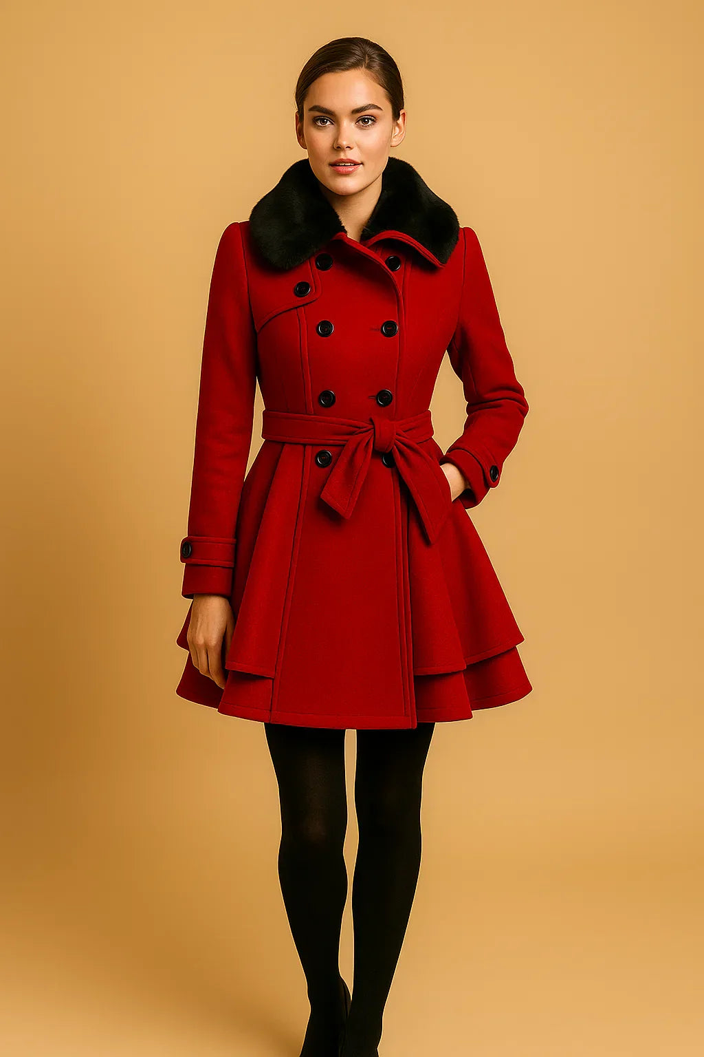 Nocturne Belted A-Line Coat | Faux Fur Collar