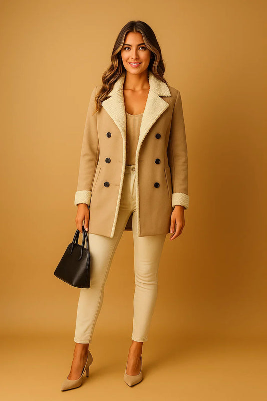 Wool Blend Double Breasted Coat | Shearling Collar | Winter Outerwear