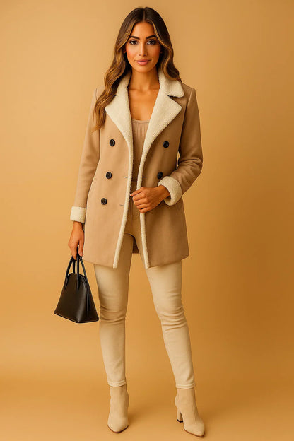 Wool Blend Double Breasted Coat | Shearling Collar | Winter Outerwear