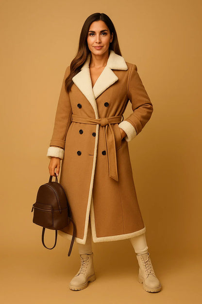 Wool Blend Double Breasted Coat | Shearling Collar | Winter Outerwear