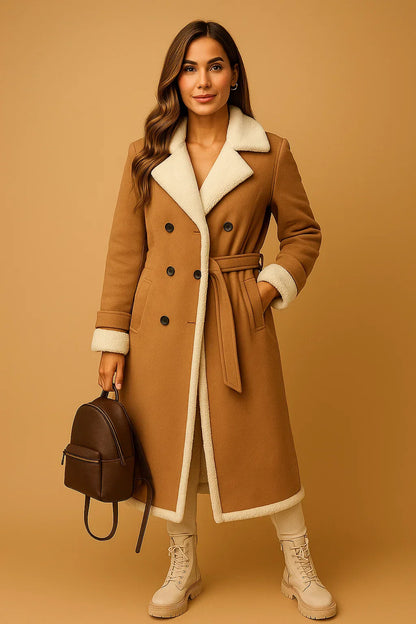 Wool Blend Double Breasted Coat | Shearling Collar | Winter Outerwear