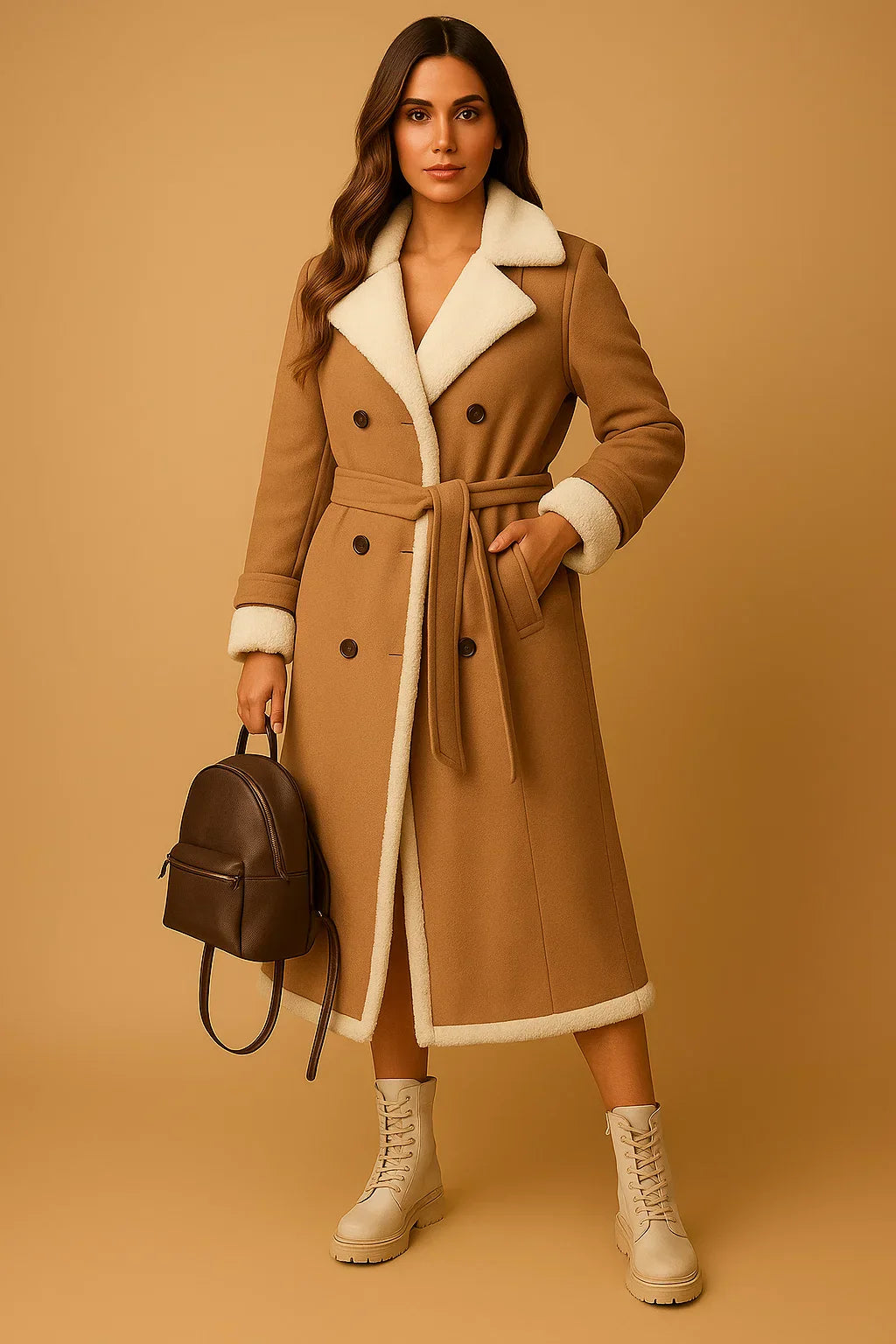 Wool Blend Double Breasted Coat | Shearling Collar | Winter Outerwear