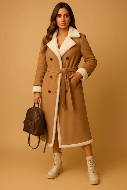 Wool Blend Double Breasted Coat | Shearling Collar | Winter Outerwear