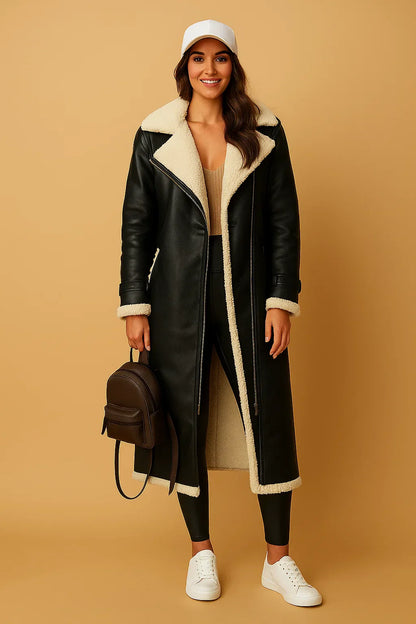 Wool Blend Double Breasted Coat | Shearling Collar | Winter Outerwear