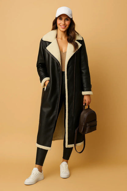 Wool Blend Double Breasted Coat | Shearling Collar | Winter Outerwear