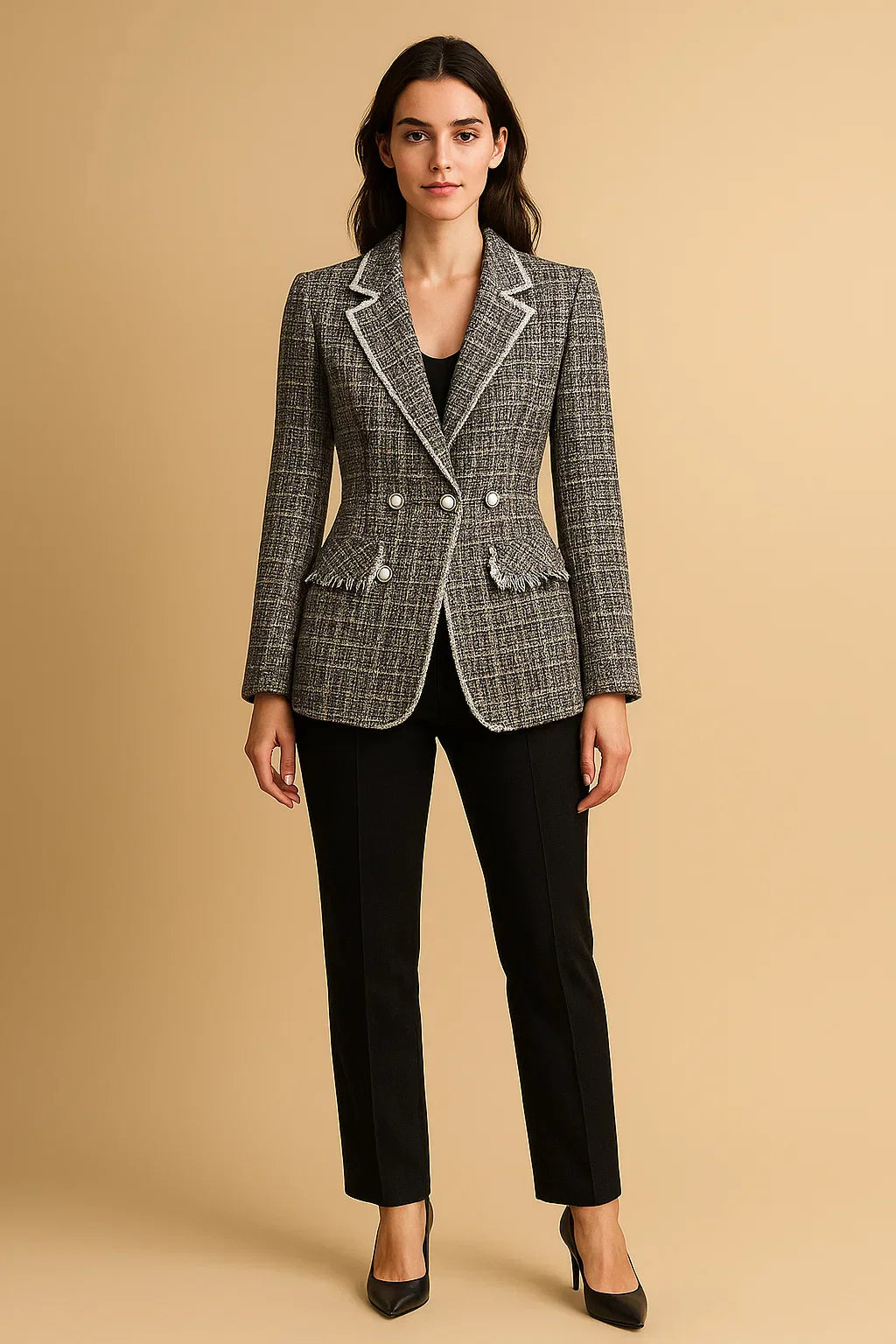 Double-Breasted Tweed Blazer | Pearl Buttons | Structured Fit