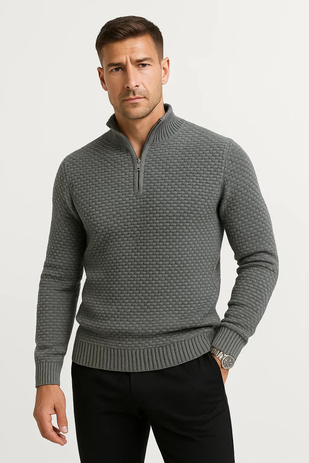 Men’s Waffle Quarter-Zip Sweater | Textured Knit | Modern Smart-Casual