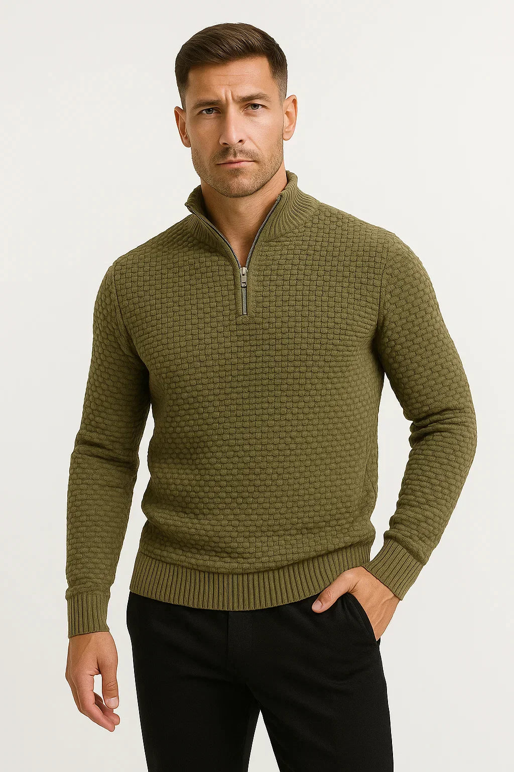 Men’s Waffle Quarter-Zip Sweater | Textured Knit | Modern Smart-Casual
