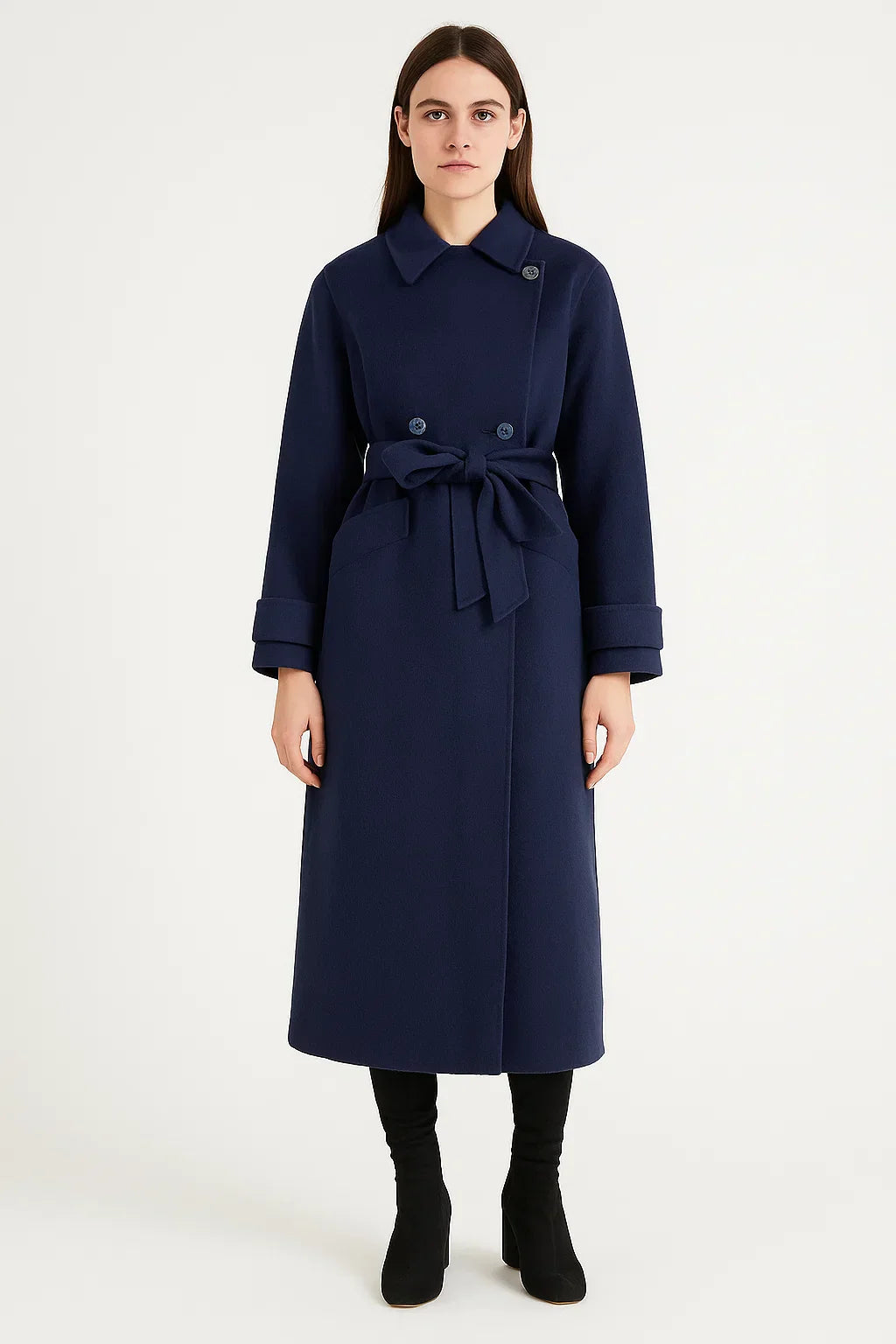 Wool Blend Long Coat | Double-Breasted | Belted Waist