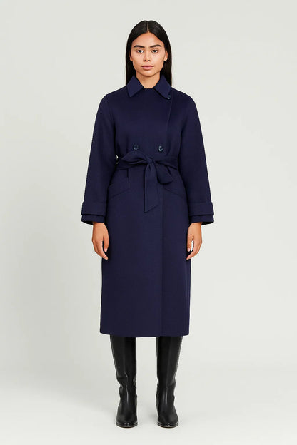 Wool Blend Long Coat | Double-Breasted | Belted Waist