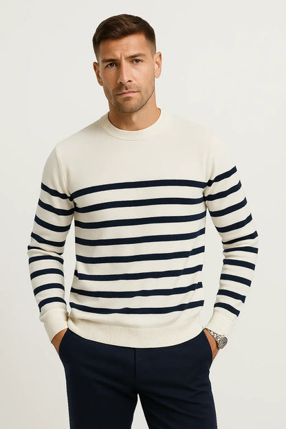 Men's Wool Sweater | Navy Stripe Knit | Classic O-Neck